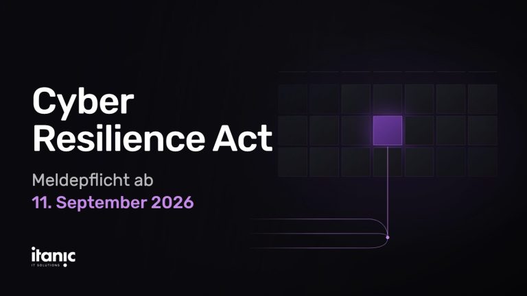 Titelbild mit dem Schriftzug Cyber Resilience Act und dem Hinweis auf die Meldepflicht ab 11. September 2026, daneben ein stilisiertes vernetztes Produkt mit Datenlinien zu einer Meldeplattform.