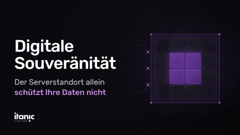 Dunkles, modernes Hero-Bild mit stilisierten grenzüberschreitenden Datenflüssen, Text Der Standort ist nicht die Antwort zum Thema digitale Souveränität und Datenhoheit.