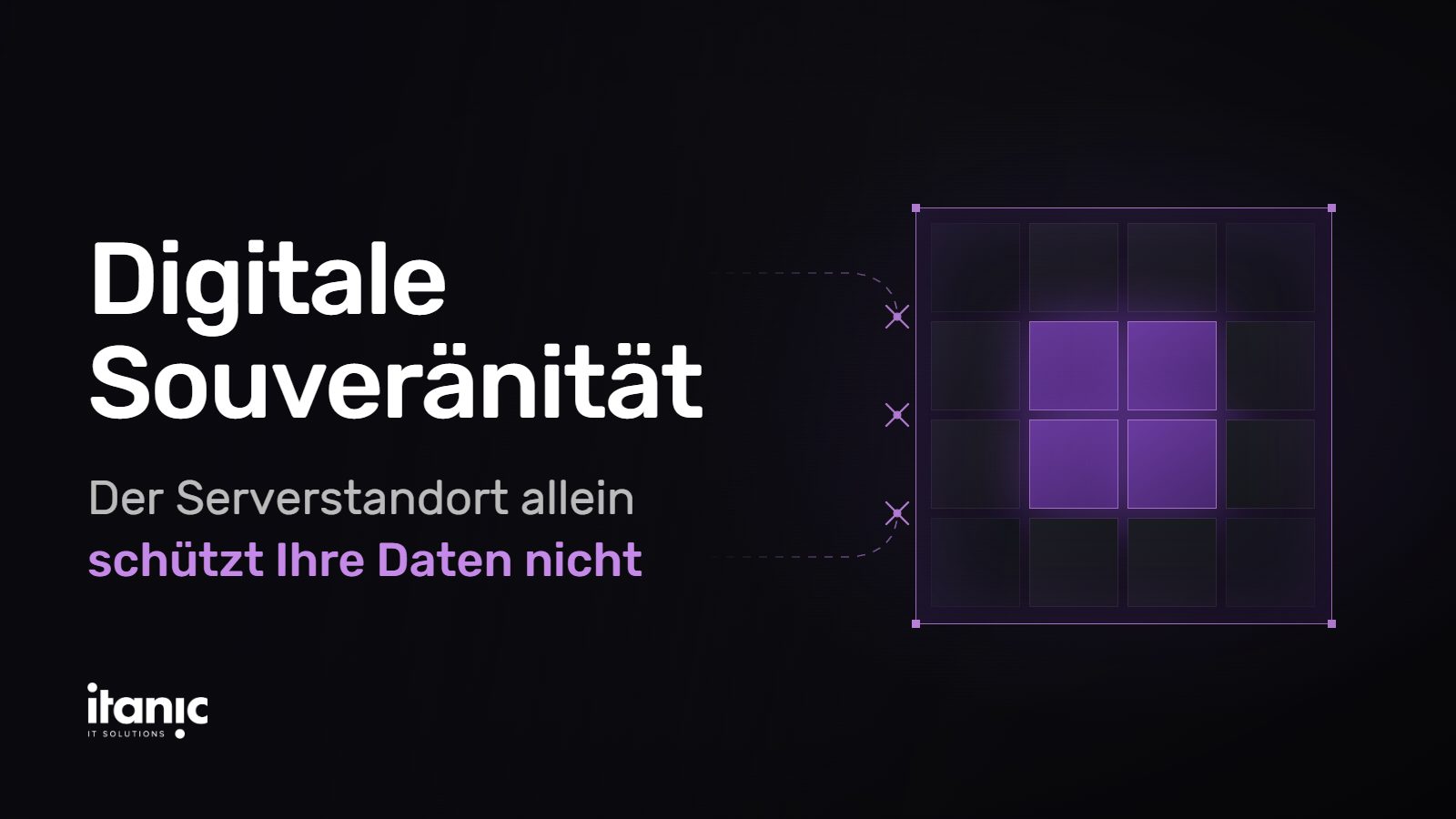 Dunkles, modernes Hero-Bild mit stilisierten grenzüberschreitenden Datenflüssen, Text Der Standort ist nicht die Antwort zum Thema digitale Souveränität und Datenhoheit.